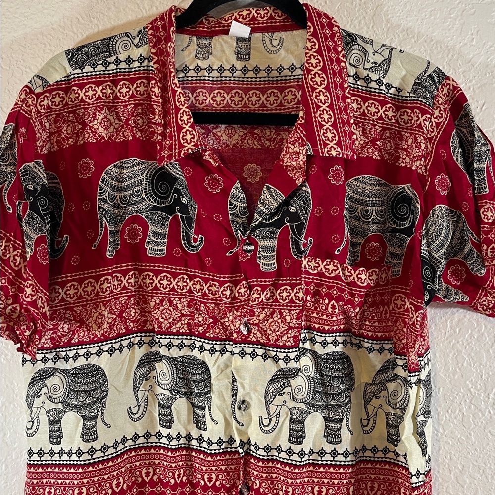 Elephant Short Sleeve Button Shirt Red Made In Thailand Size Large - Picture 2 of 7